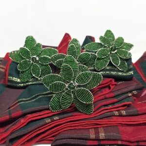 Vintage GreenBeaded Floral Napkin Rings With Red And Green Plaid Dinner Napkins